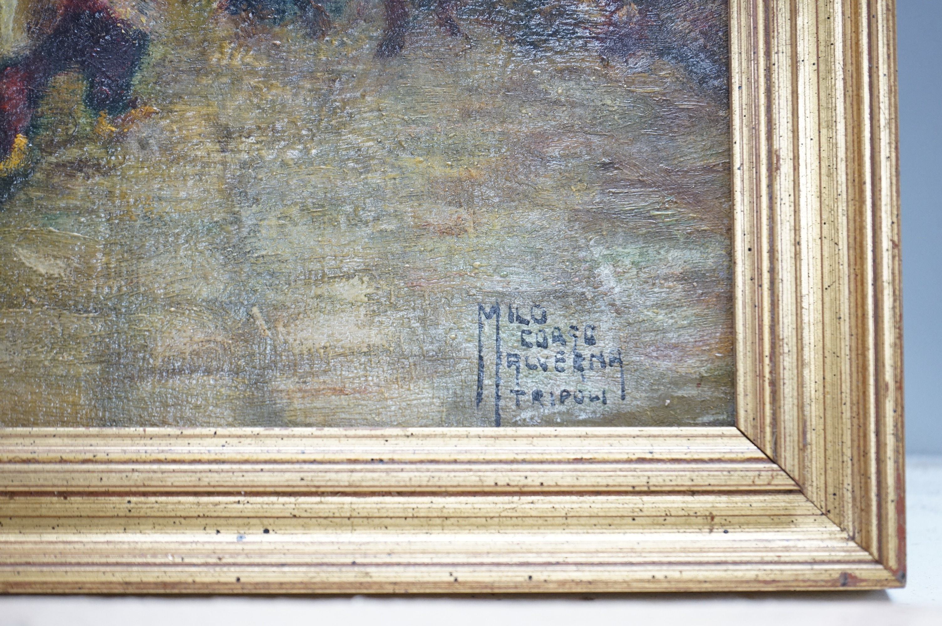 Milo Corso Malverna (20th. C), pair of oils on board, Eastern street scenes, each signed and inscribed Tripoli, 32 x 23cm